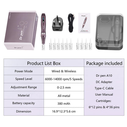 Dr. Pen A10 Professional Wireless Microneedling Pen - Includes 10 Replacement Cartridges for Skin Care